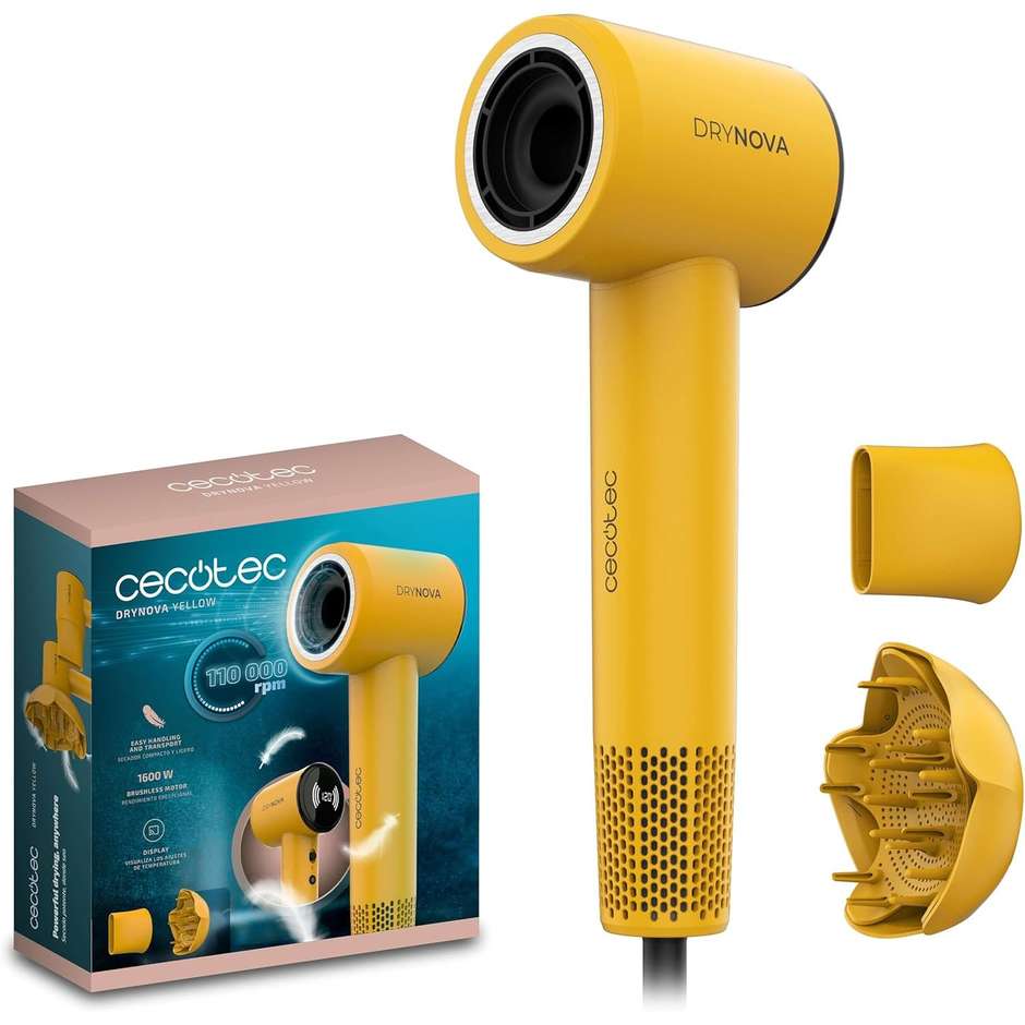 Cecotec DryNovaSun Asciugacapelli Brushless 1600 W con 2 Accessori e Funzione Aria Fredda – Giallo